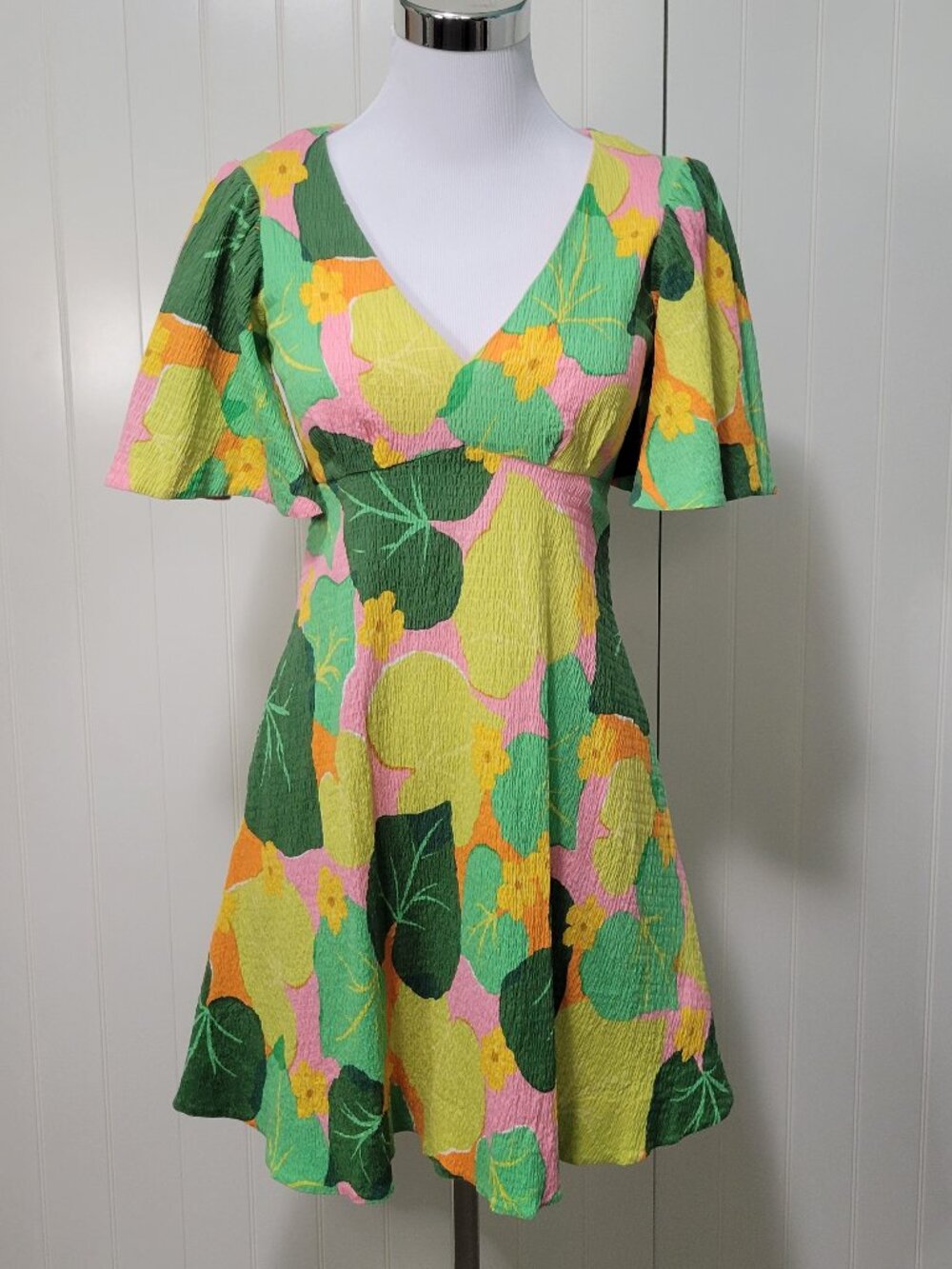 Kate Spade Cucumber Botanical Crepe 60s 70s Retro Hippie Fairycore Swing Dress